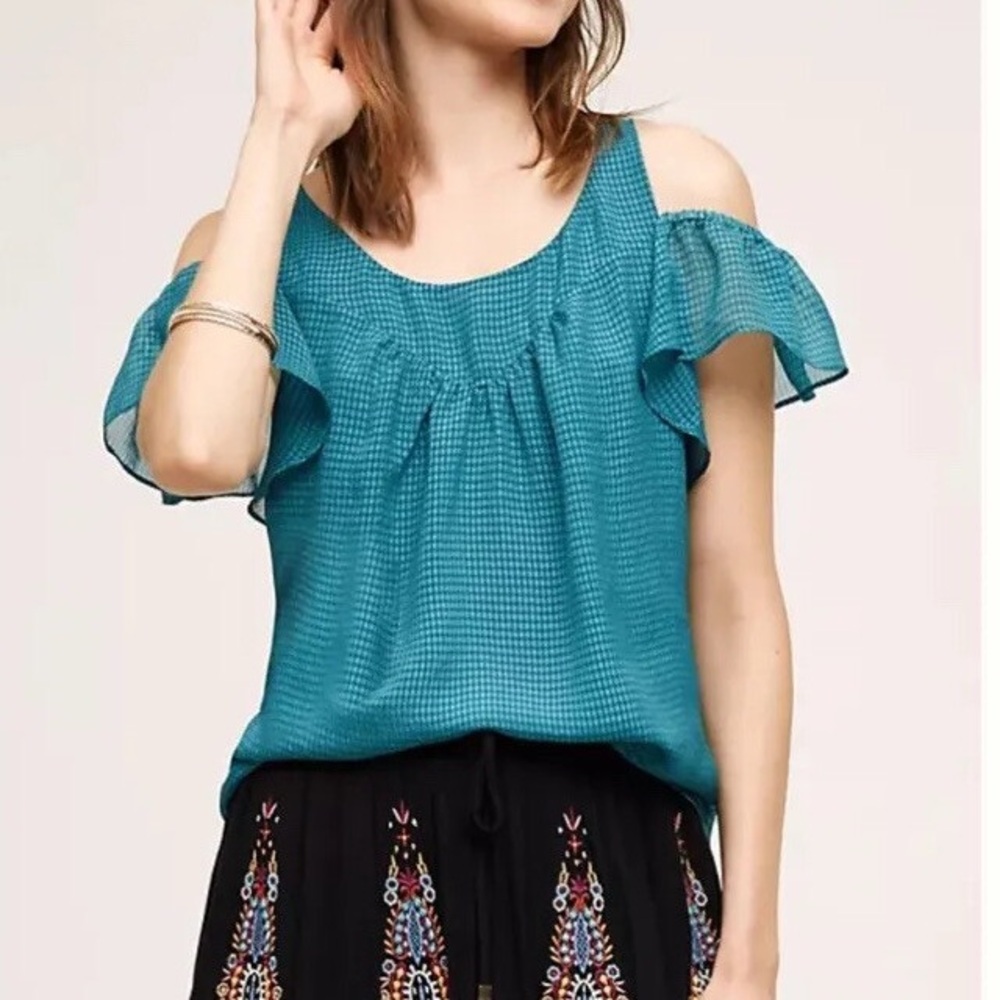 Woman'e Maeve Size 0 Anthro Tavin Plaid Cold Shoulder Lightweight Blouse Multi